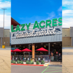 triptych of photos with an abandoned storefront on the leftmost and rightmost sides of the image with a functional Lazy Acres market in the center