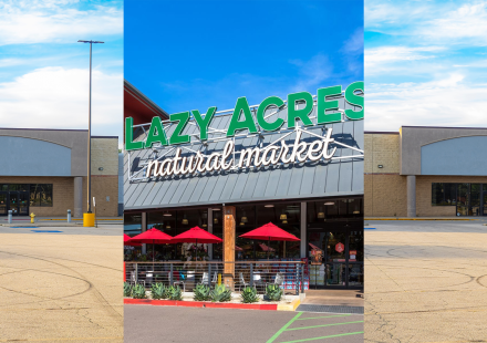 triptych of photos with an abandoned storefront on the leftmost and rightmost sides of the image with a functional Lazy Acres market in the center