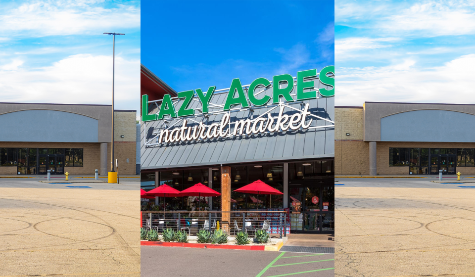 triptych of photos with an abandoned storefront on the leftmost and rightmost sides of the image with a functional Lazy Acres market in the center