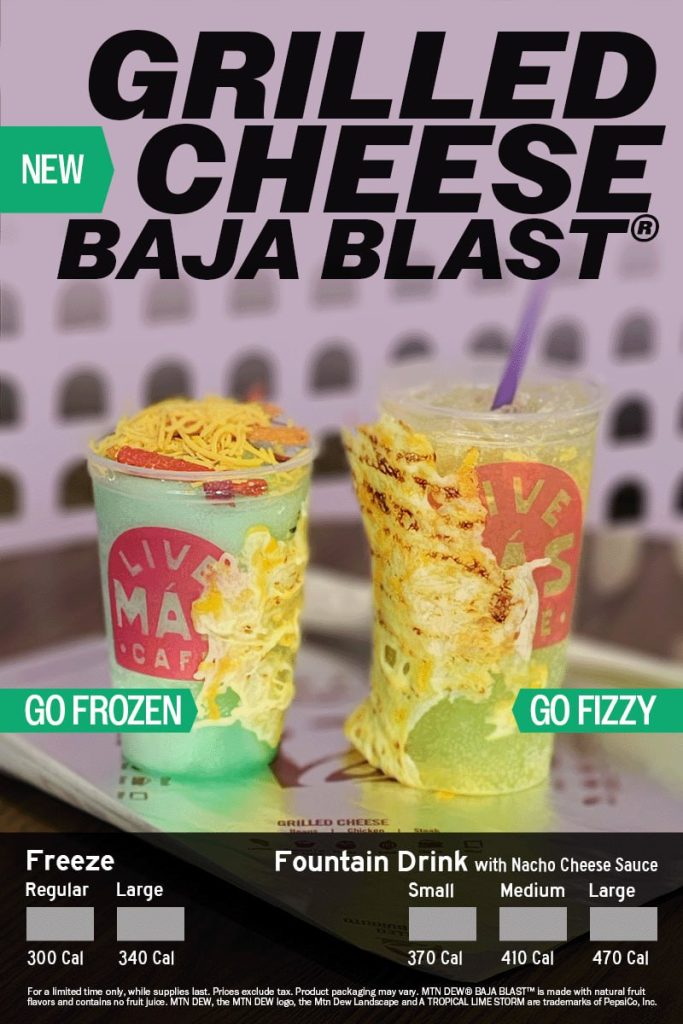 advertisement showing two drinks with gooey cheese adhered to the outside of the cups