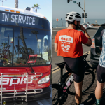 photo of an MTS Rapid branded bus on the left with "Not in service" on the marquee, with a photo of two bicyclists on the right.