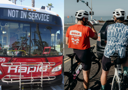 photo of an MTS Rapid branded bus on the left with "Not in service" on the marquee, with a photo of two bicyclists on the right.