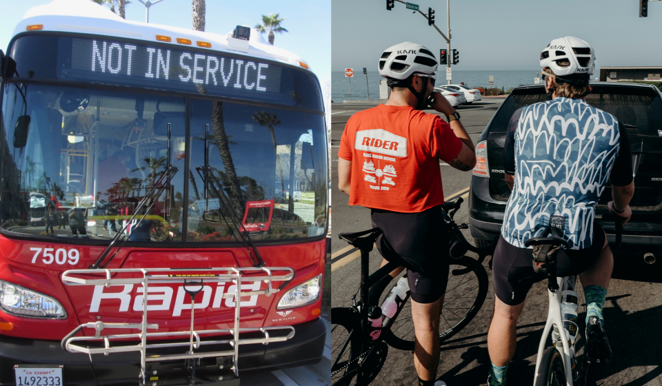 photo of an MTS Rapid branded bus on the left with "Not in service" on the marquee, with a photo of two bicyclists on the right.