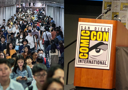 Juxtaposed photo of crowd with San Diego Comic-Con logo
