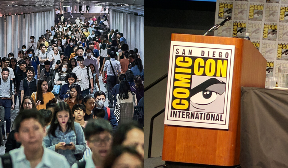 Juxtaposed photo of crowd with San Diego Comic-Con logo